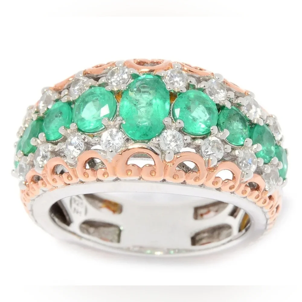 Gems en Vogue Grizzly Emerald & Zircon Palladium Sterling Silver 18k Ring Sz 8! - Picture 3 of 13